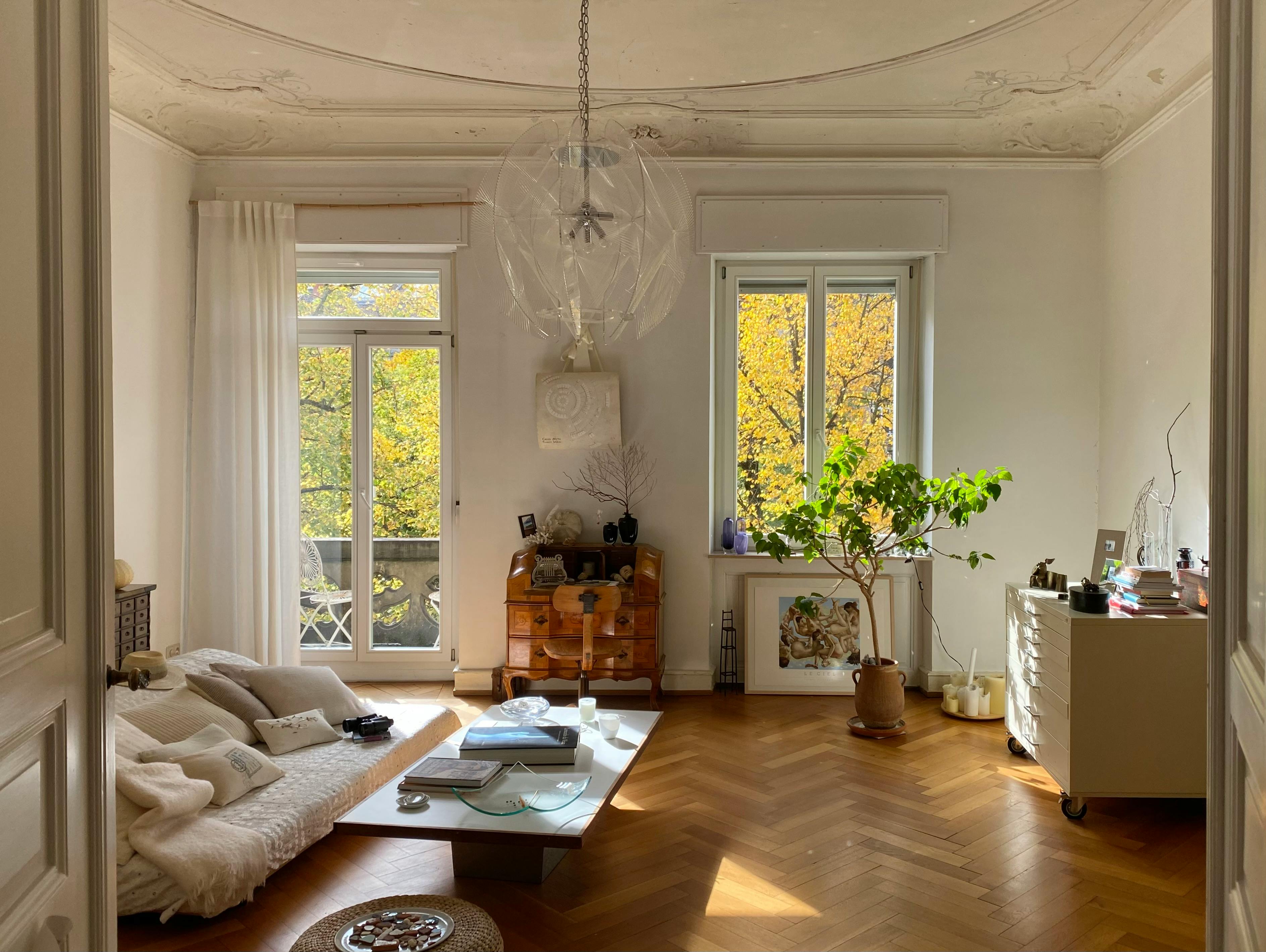 Sunlit living room featuring cozy decor, elegant furniture, and wooden flooring, creating a warm ambiance.