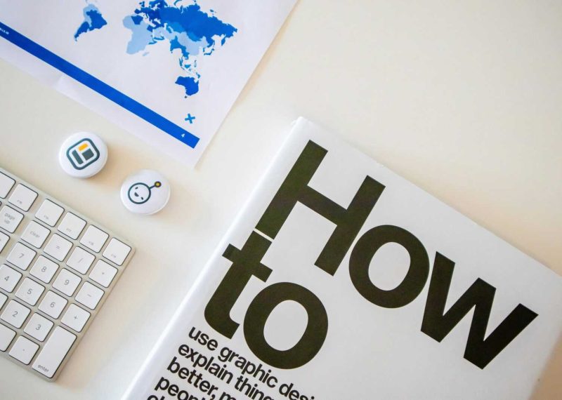 Stylish desk setup with a how-to book, keyboard, and world map on paper.